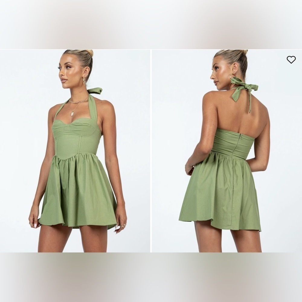 Princess Polly Lyle halter neck corset detail mini skater dress in olive Size 12 - Picture 3 of 11